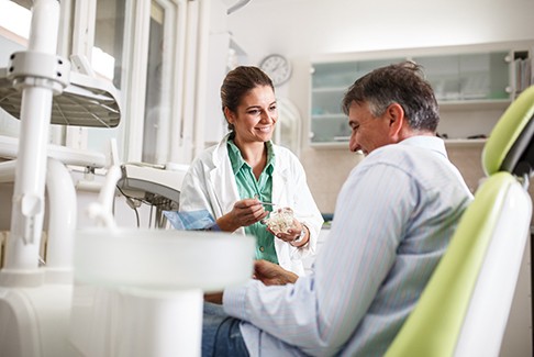 Smiling dentist showing patient model of teeth